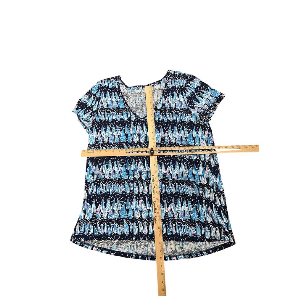 Lilly Pulitzer Cotton Sails and Stripes Top V-Neck Short Sleeve Blue Womens Sz L - Picture 3 of 3